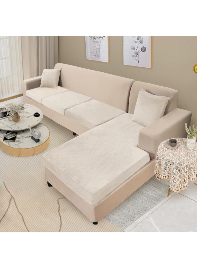 NAISI Sectional Couch Cover 4 Pieces Velvet Separate Couch Cushion Covers L Shape Soft Stretch Sofa Slipcovers with 2pcs Pillowcases for Left/Right Chaise Sectional Couch(3 Seater+1 Chaise,Beige) - Image 1