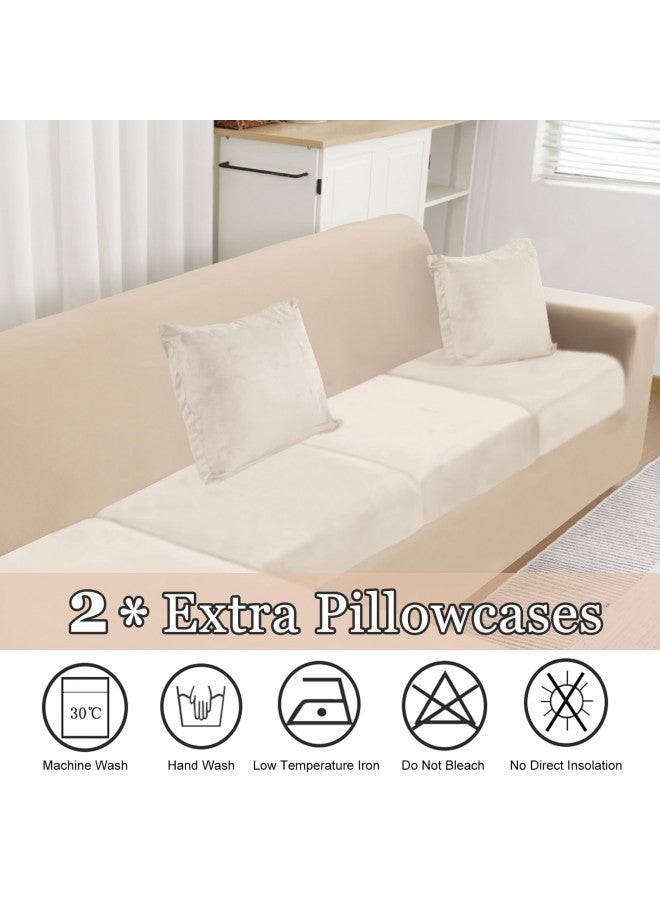 NAISI Sectional Couch Cover 4 Pieces Velvet Separate Couch Cushion Covers L Shape Soft Stretch Sofa Slipcovers with 2pcs Pillowcases for Left/Right Chaise Sectional Couch(3 Seater+1 Chaise,Beige) - Image 4