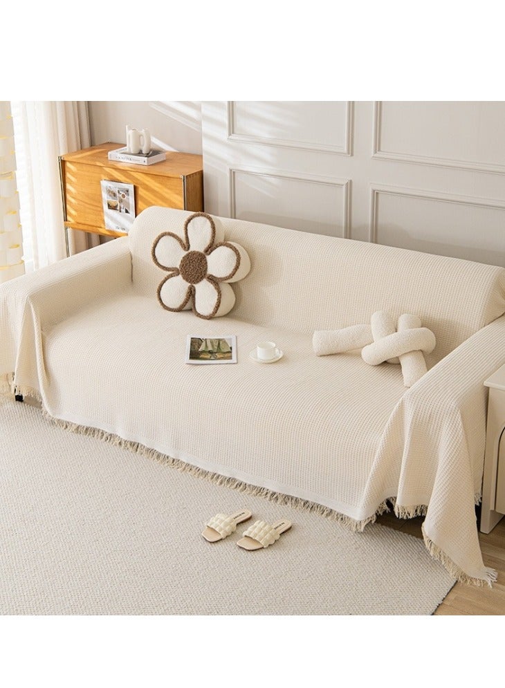 Multi-purpose Sofa Cover Elegant Non-Slip Reversible Sofa Slipcovers Decorative Blanket for Sofa Nordic Style Sofa Cover with Decorative Fringes Scratch-Resistant Throws Chenille Throws for Sofas Large Four Seasons Sofa Throws High Density Sofa Cover Sofa Protector  (Beige)