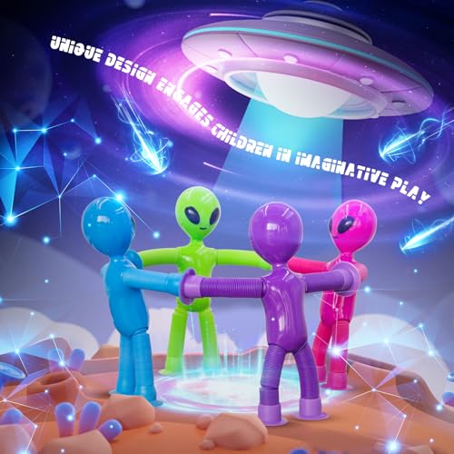 DODOMAGXANADU Pop Tubes Alien Fidget Toys for Kids 4Pack Fidget Toys Telescopic Suction Cup Toy for Stress and Anxiety Relief Easter Basket Stuffers Gifts for Kids and Toddlers 4 Pack Alien - Image 5