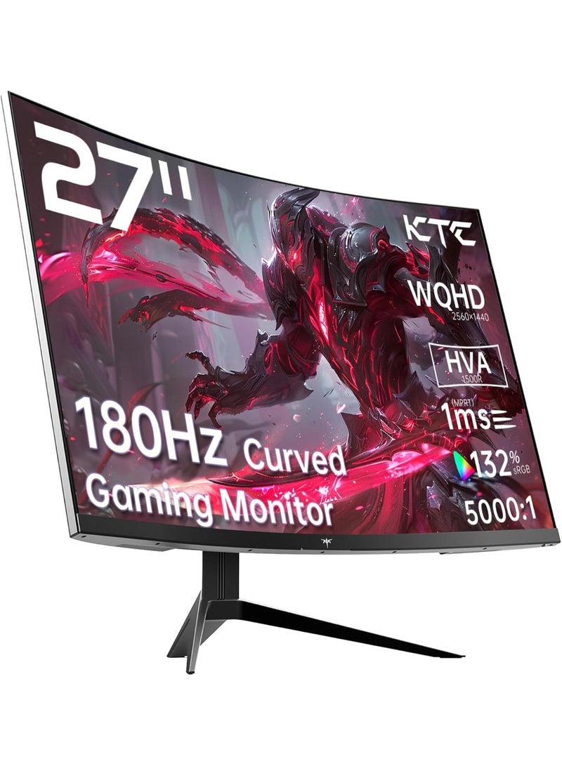 KTC شاشة ألعاب منحنية WQHD مقاس 27 بوصة بتردد 180 هرتز، 2K (2560x1440P)، شاشة، عرض HVA بزاوية 1500R، FreeSync Premium، HDR، 120% sRGB، DisplayPort/HDMI/USB Vesa، شاشة كمبيوتر للاعبين - Image 1