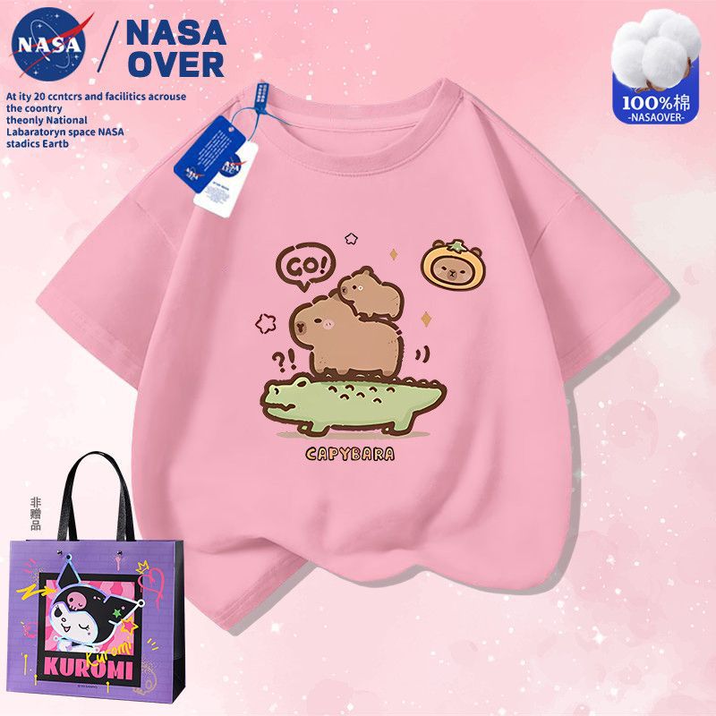 Nasa Co-Brand Capibala Capybara Cartoon Q Edition Pure Cotton Short-Sleeved T-Shirt New Summer Top For Middle And Large Children - Image 1