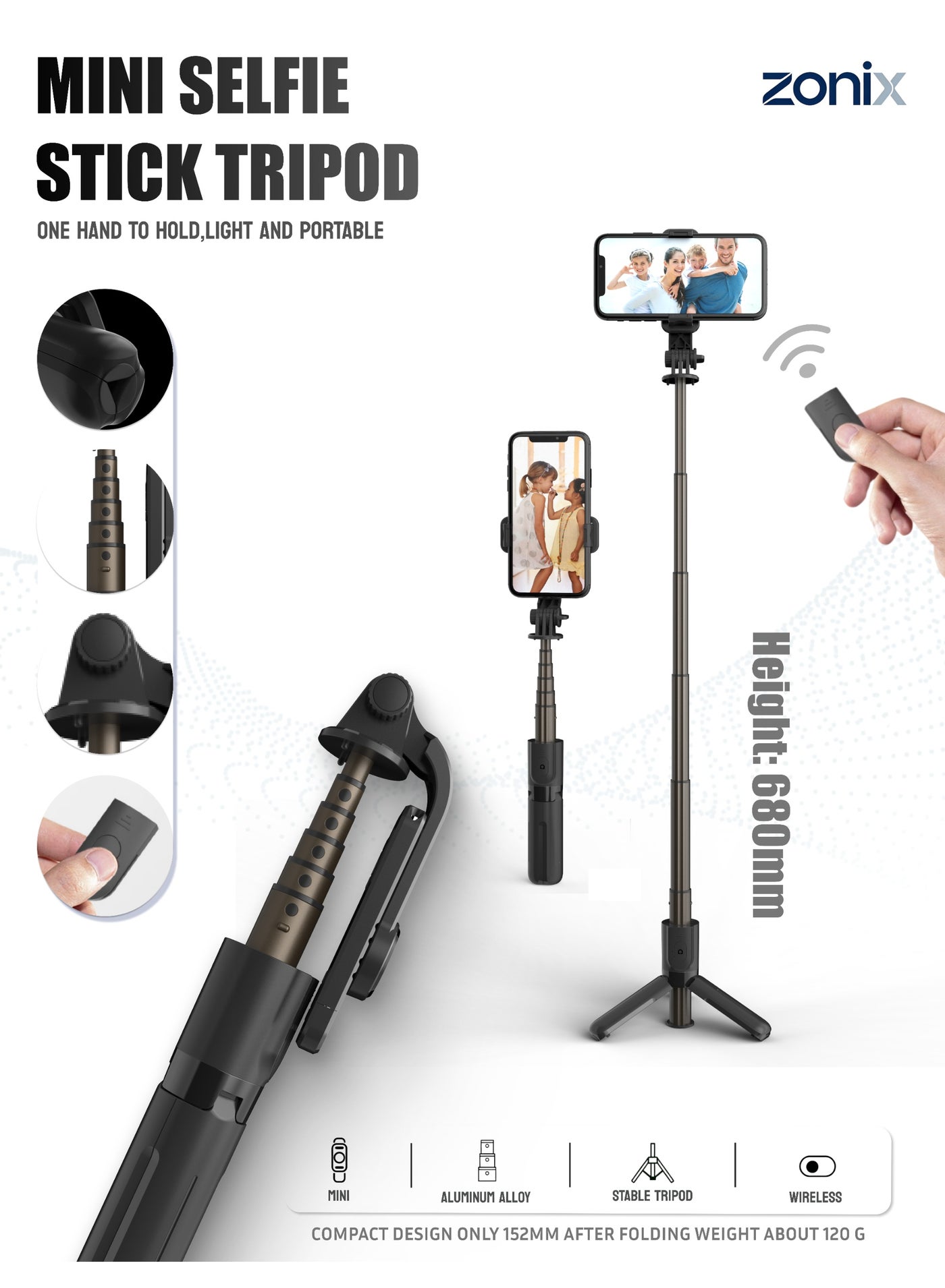 ZONIX Mini 6-Inch (152mm) Selfie Stick Tripod with Bluetooth Remote & Non-Slip Tripod, 27-Inch Extendable 6-Section Aluminum Pole for Hands-Free Vlog/Travel (iPhone/Android/Camera 1/4")