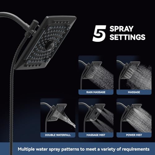 ELLO&ALLO Rain Shower Head with Handheld Spray, Rainfall Shower Head Combo with 60" Hose, Adjustable Dual Showerhead Set with 3-Way Diverter, Matte Black - Image 2