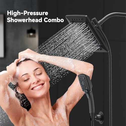 ELLO&ALLO Rain Shower Head with Handheld Spray, Rainfall Shower Head Combo with 60" Hose, Adjustable Dual Showerhead Set with 3-Way Diverter, Matte Black - Image 4