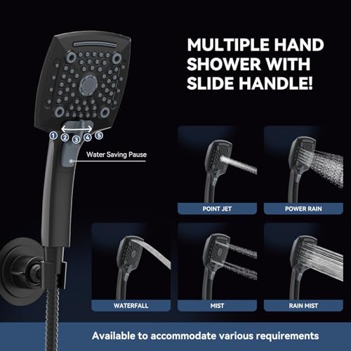 ELLO&ALLO Rain Shower Head with Handheld Spray, Rainfall Shower Head Combo with 60" Hose, Adjustable Dual Showerhead Set with 3-Way Diverter, Matte Black - Image 3