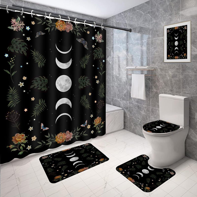 Coxila Gothic Shower Curtain Set Black Moon Goth Witchy Celestial Floral Flower Space Stars Toilet Lid Cover U Shaped Bath Mat 4 Pcs Decor Bathroom Non-Slip Rug Fabric Polyester 60x72 Inch - Image 2