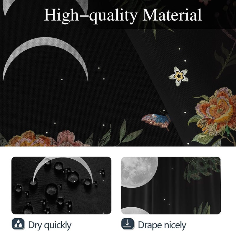 Coxila Gothic Shower Curtain Set Black Moon Goth Witchy Celestial Floral Flower Space Stars Toilet Lid Cover U Shaped Bath Mat 4 Pcs Decor Bathroom Non-Slip Rug Fabric Polyester 60x72 Inch - Image 4