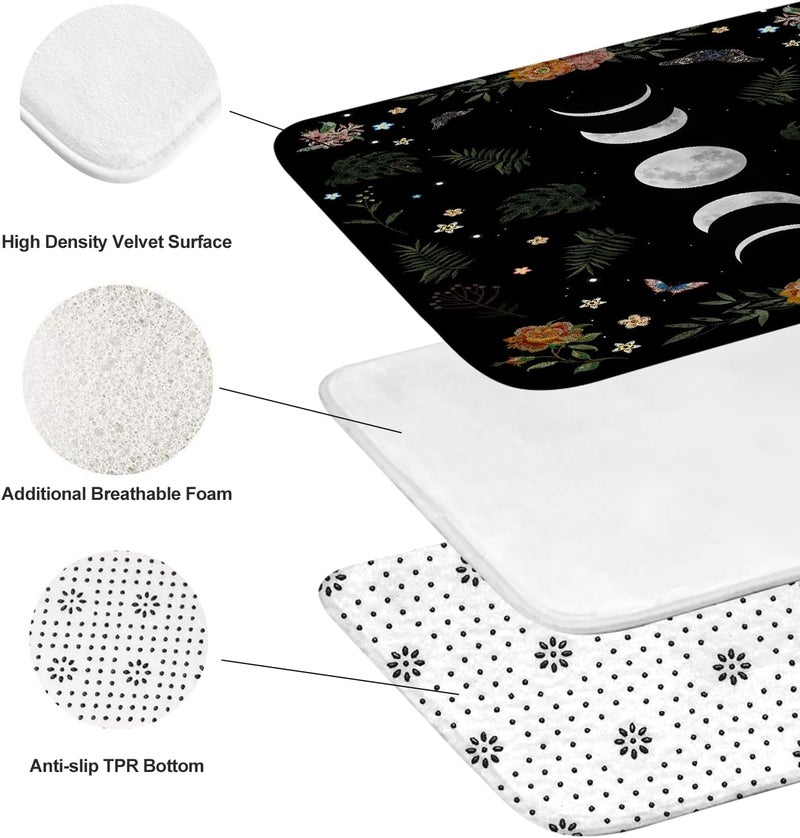 Coxila Gothic Shower Curtain Set Black Moon Goth Witchy Celestial Floral Flower Space Stars Toilet Lid Cover U Shaped Bath Mat 4 Pcs Decor Bathroom Non-Slip Rug Fabric Polyester 60x72 Inch - Image 5