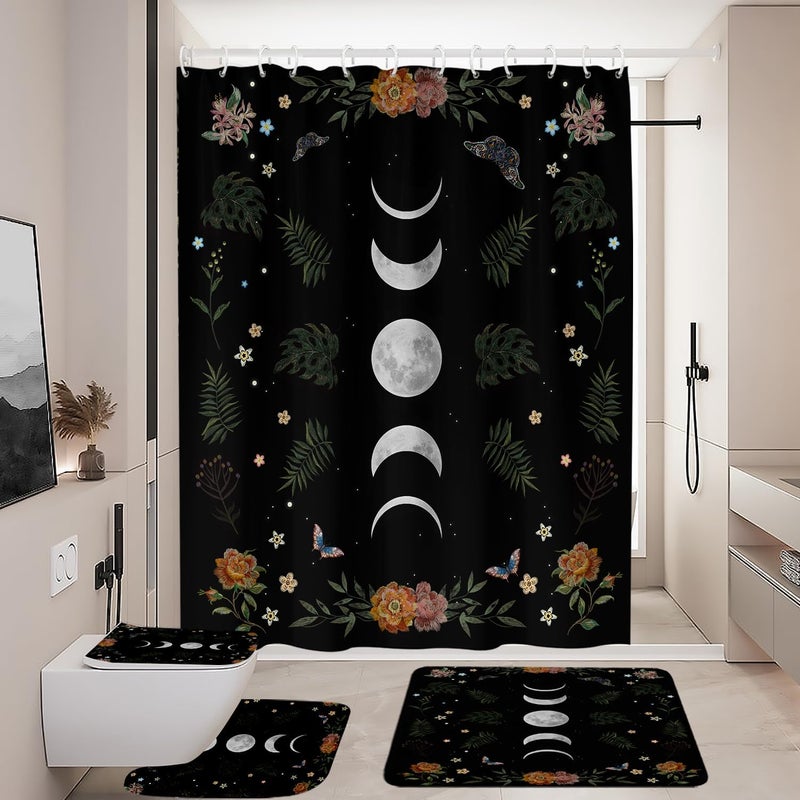 Coxila Gothic Shower Curtain Set Black Moon Goth Witchy Celestial Floral Flower Space Stars Toilet Lid Cover U Shaped Bath Mat 4 Pcs Decor Bathroom Non-Slip Rug Fabric Polyester 60x72 Inch - Image 1