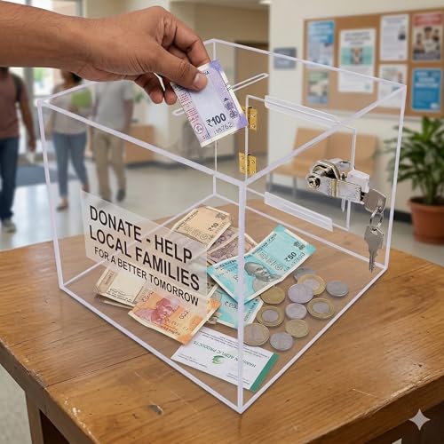 Rasper Transparent Acrylic Donation Box Daan Patra Daan Peti Visiting Card Drop Ballot Charity & Coupon Collection Box (Small Size 6x6x6 Inches, Square Shape) with Lock Facility - Image 4