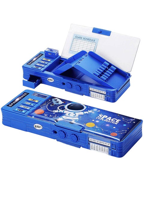 Pop up Multifunction Pencil Case for Kids Astronaut Spacesuit Pen Box Bag Pencil Holder for School Students Starry Sky Cute Pencil box for Boys with Sharpener Password Lock Schedule Whiteboard (Blue）