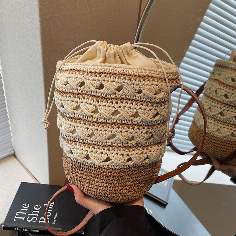 Woven Cotton Bucket Bag Single Shoulder Patchwork Striped Bucket Bag All-Match Holiday Beach Bag Drawstring Crossbody Handbag - Image 2