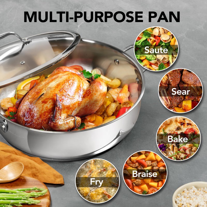 MICHELANGELO 12 Inch Stainless Steel Pan with Lid - Large Saute Pan with Lid, Deep Frying Pan Dishwasher & Oven-Safe, All Cooktops Compatible, 6 Quart - Image 3