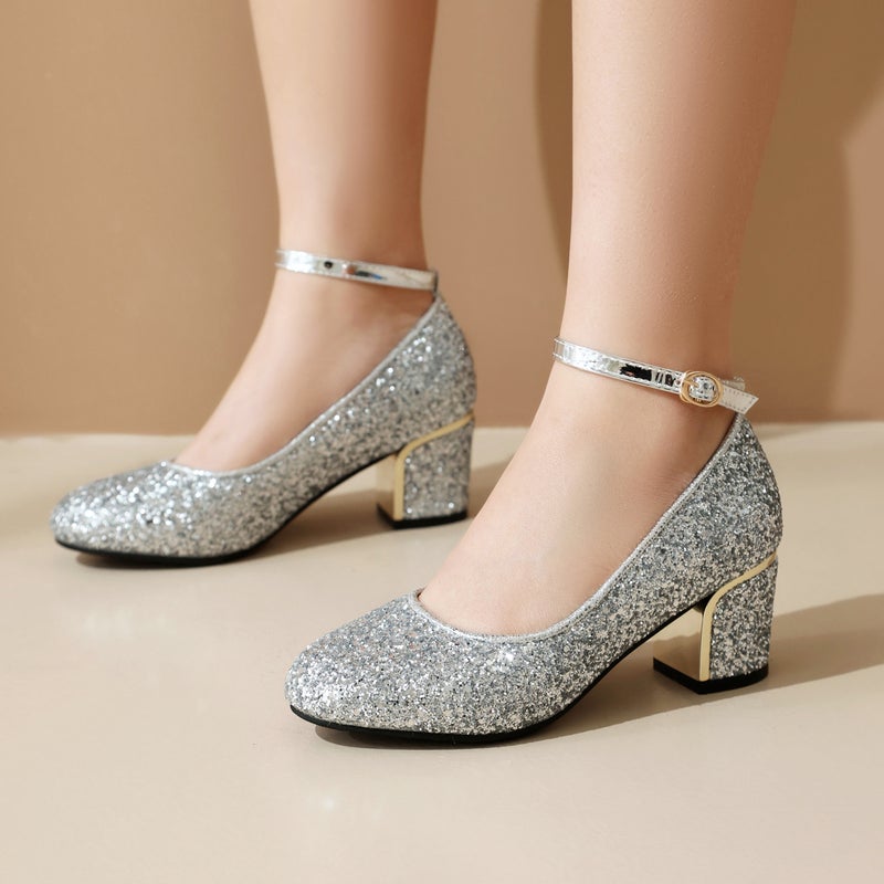 2024 Spring High Heel Sequin Buckle Strap Women'S 32-43 Size Size Round Toe Shallow Mouth Single Shoes - Image 2
