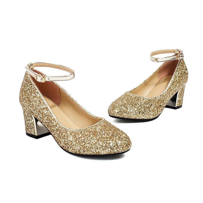 2024 Spring High Heel Sequin Buckle Strap Women'S 32-43 Size Size Round Toe Shallow Mouth Single Shoes - Image 1