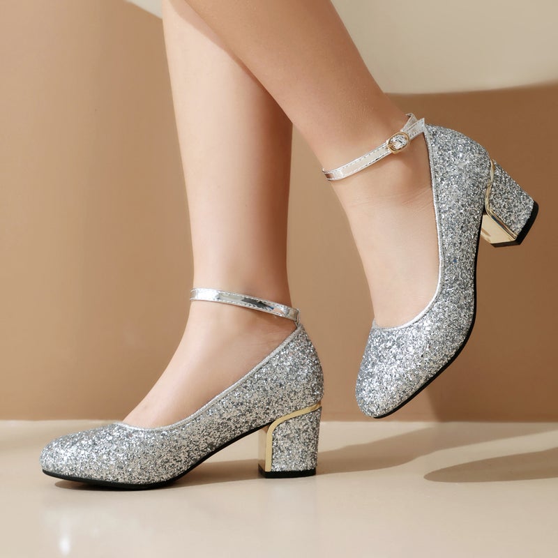 2024 Spring High Heel Sequin Buckle Strap Women'S 32-43 Size Size Round Toe Shallow Mouth Single Shoes - Image 3