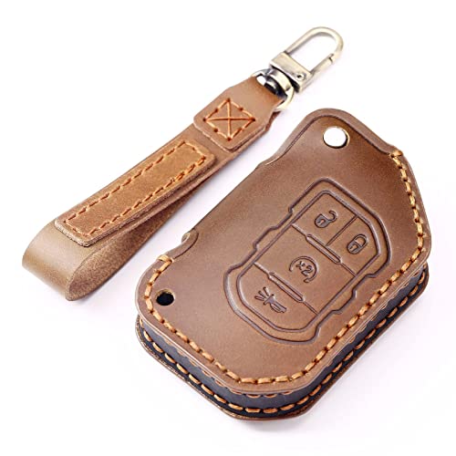 EASYANT Genuine Leather Car Key Fob Cover Compatible with Jeep 20182024 Gladiator Wrangler Sahara Rubicon 4 Buttons Brown - Image 1