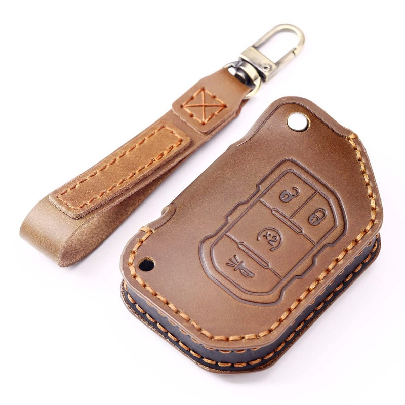 EASYANT Genuine Leather Car Key Fob Cover Compatible with Jeep 20182024 Gladiator Wrangler Sahara Rubicon 4 Buttons Brown - Image 2