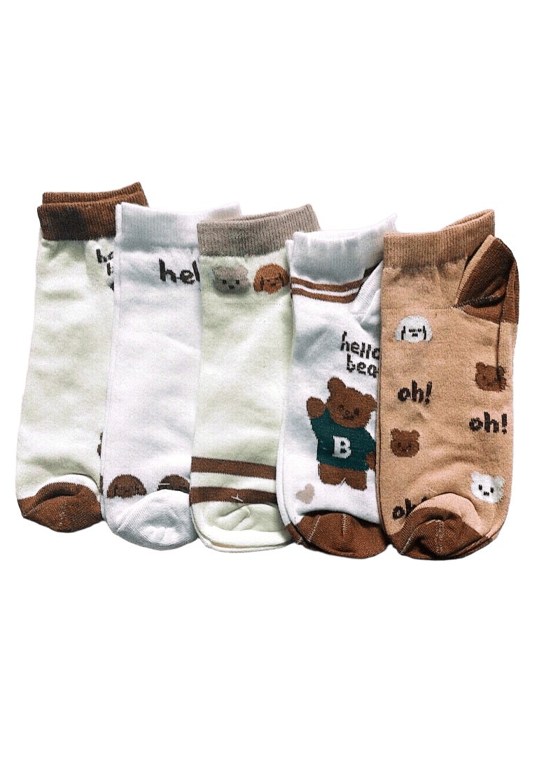 SMARTEDGE Women's Stylish Socks, Short Summer Teddy Bear Print Socks, Very Elegant, 6-Pair Set in Assorted Colors. Modern Design