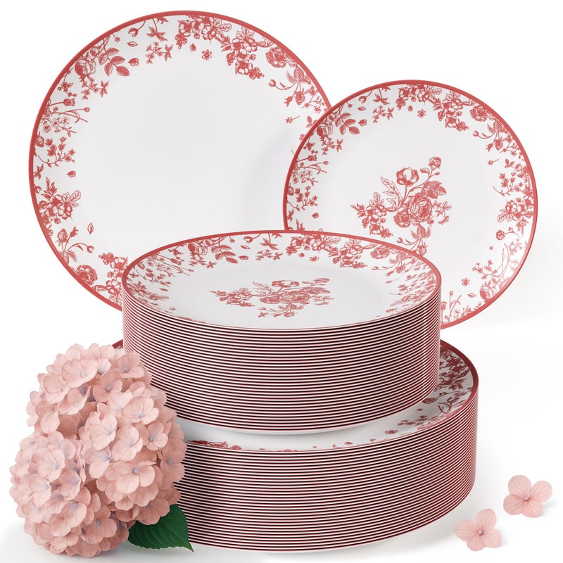 Trendables Disposable Plates For Party Supplies Pink Floral Plastic Plates For Wedding 40 Pcs 20 X 8 20 X 10 Dinner Plate Sets Floral Plate Set Disposable Plastic Dinnerware Sets - Image 3