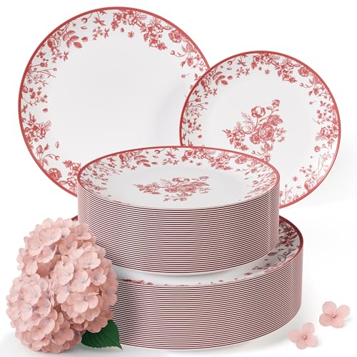 Trendables Disposable Plates For Party Supplies Pink Floral Plastic Plates For Wedding 40 Pcs 20 X 8 20 X 10 Dinner Plate Sets Floral Plate Set Disposable Plastic Dinnerware Sets - Image 2