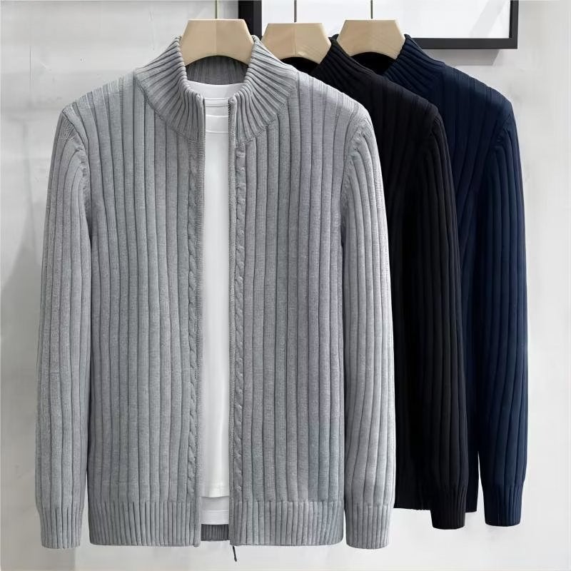 Mens Knit Cardigan Casual Zip Collar Sweater 2023 Navy blue - Image 3