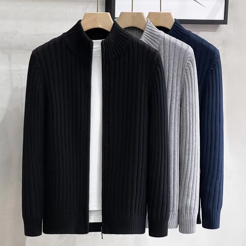 Mens Knit Cardigan Casual Zip Collar Sweater 2023 Navy blue - Image 4