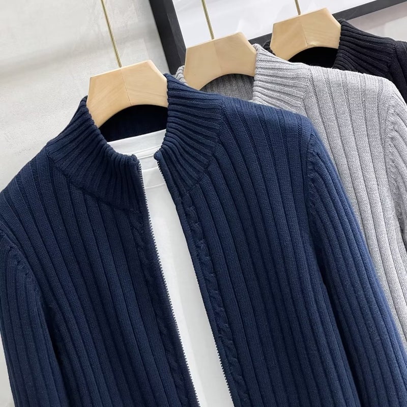 Mens Knit Cardigan Casual Zip Collar Sweater 2023 Navy blue - Image 1