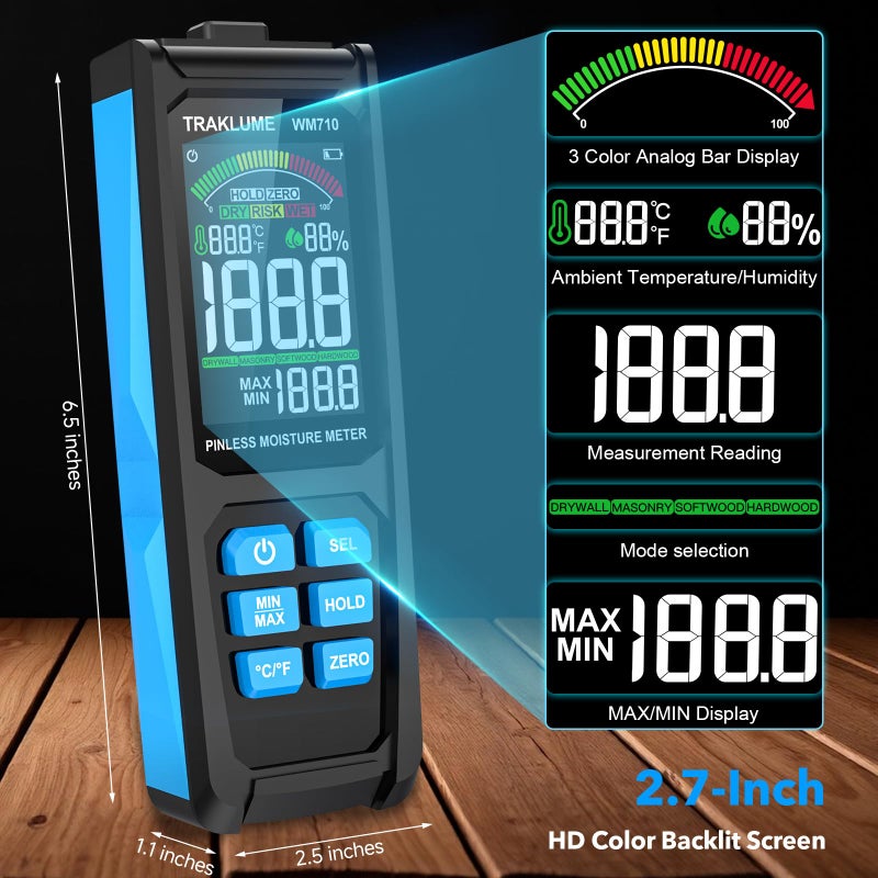 TRAKLUME Wood Moisture Meter for Lumber Pinless Moisture Tester for Drywall with Colorful Screen Moisture Sensor for House Firewood Moisture Detector for Walls Moisture Reader for Wood Wall Water Leak Detector - Image 4