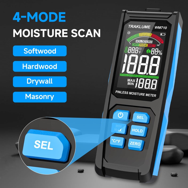 TRAKLUME Wood Moisture Meter for Lumber Pinless Moisture Tester for Drywall with Colorful Screen Moisture Sensor for House Firewood Moisture Detector for Walls Moisture Reader for Wood Wall Water Leak Detector - Image 3