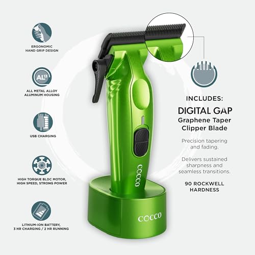 Cocco Hyper Veloce Pro Clipper, Digital Gap Ambassador Graphene Taper Blade Professional Hair Clippers, High-Torque BLDC Motor, All-Metal, Cordless, Charging Station Included, Green - Image 4