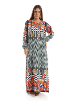 سيزار جلابية منقوش الوان متعددة بياقة دائرية  - Image 1