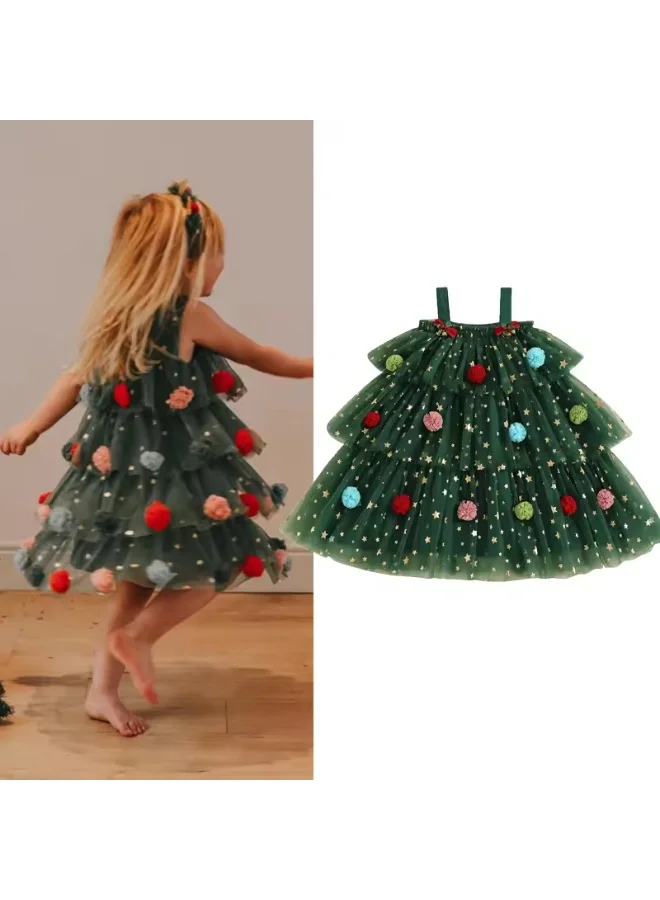 Little Girls Christmas Strap Dress with Plush Ball | Holiday Party Dress | Matching Family Outfits