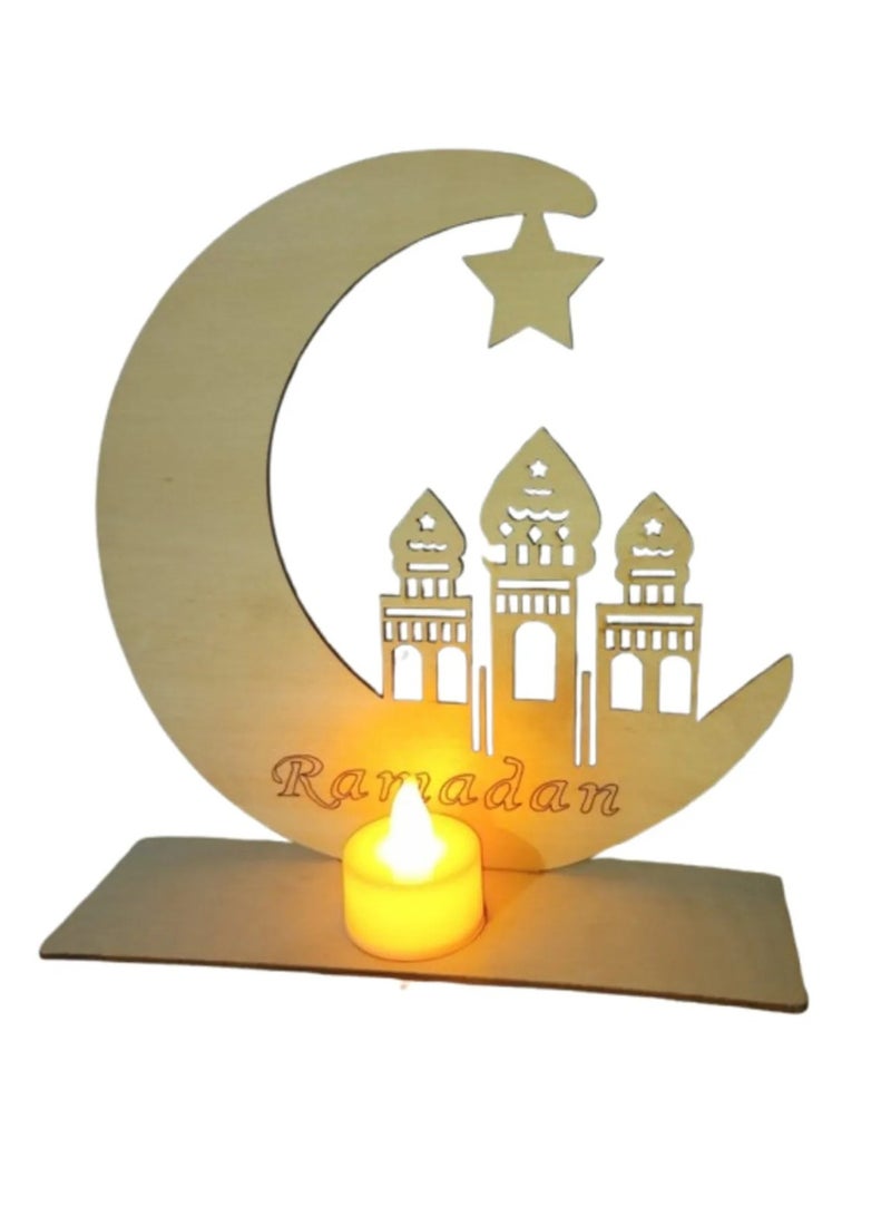A distinctive Ramadan wooden decoration with a crescent moon design with a star and a hollowed-out mosque, adding a warm spiritual touch to the Ramadan atmosphere. It comes with a fixed base and an LED candle that provides a calm and beautiful light. Suitable for decorating homes and councils during the holy month, and can also be used as an elegant gift for lovers of Islamic decorations. Made of high-quality wood with a precise design that reflects the beauty of the Ramadan atmosphere.