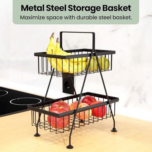 WonderStand Fresco (Black) | Premium Metal Steel 2-Tier Fruit & Vegetable Basket for Home and Kitchen Dining Table/Tiered Shelf Basket - Image 3