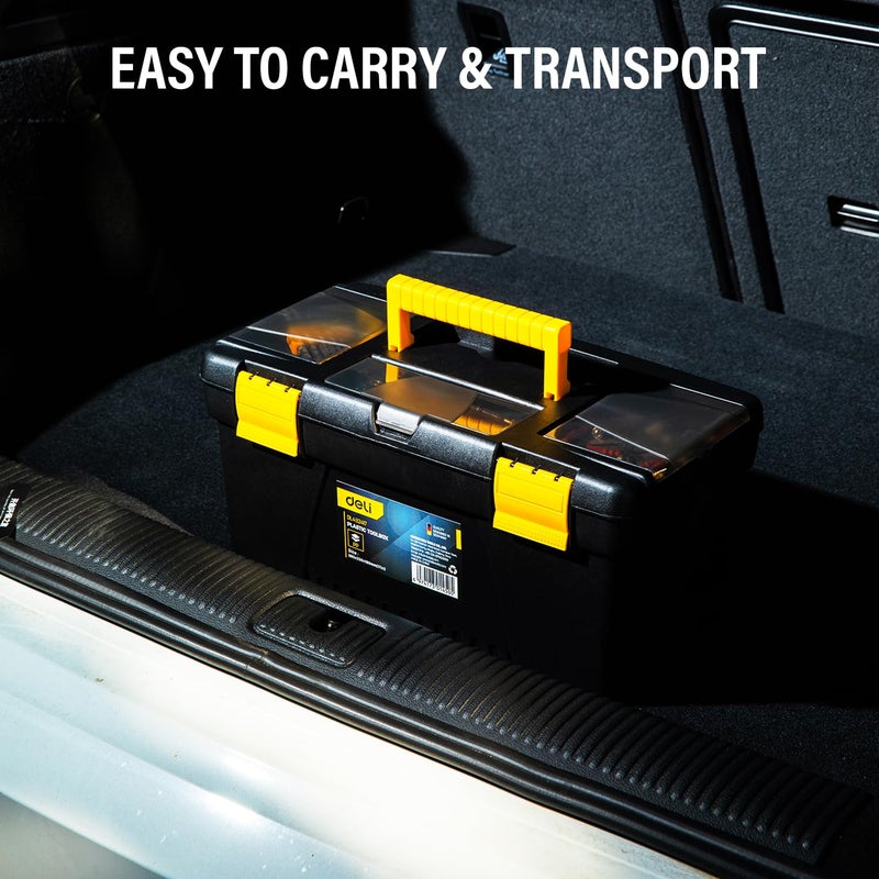 Deli DL432417 صندوق أدوات متعدد الاستخدامات 17" مع صينية تخزين شفافة وعزل هيكلي بطبقتين هيكل قابل للطي مقبض حمل مجموعة أدوات يدوية للاستخدام المنزلي والمهني (عبوة من 1، أصفر/أسود) - Image 3