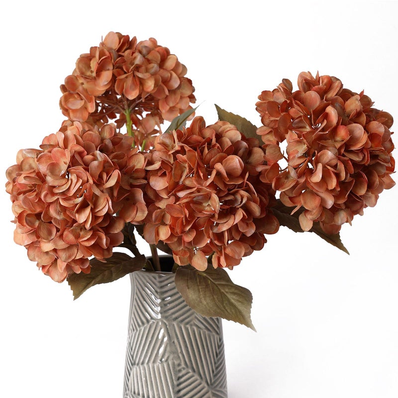 mizii 4Pcs Burnt Orange Artificial Hydrangeas Flowers Large Fake Silk Hydrangea Flower with Stems Realistic Faux Hydrangea Decorations for Wedding Table Centerpieces Vase Home Decor Burnt Orange - Image 2