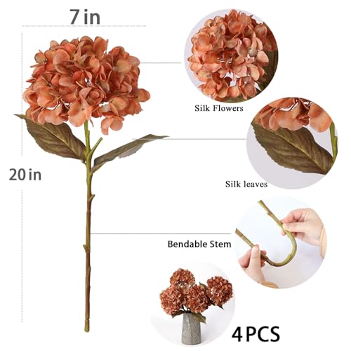 mizii 4Pcs Burnt Orange Artificial Hydrangeas Flowers Large Fake Silk Hydrangea Flower with Stems Realistic Faux Hydrangea Decorations for Wedding Table Centerpieces Vase Home Decor Burnt Orange - Image 3
