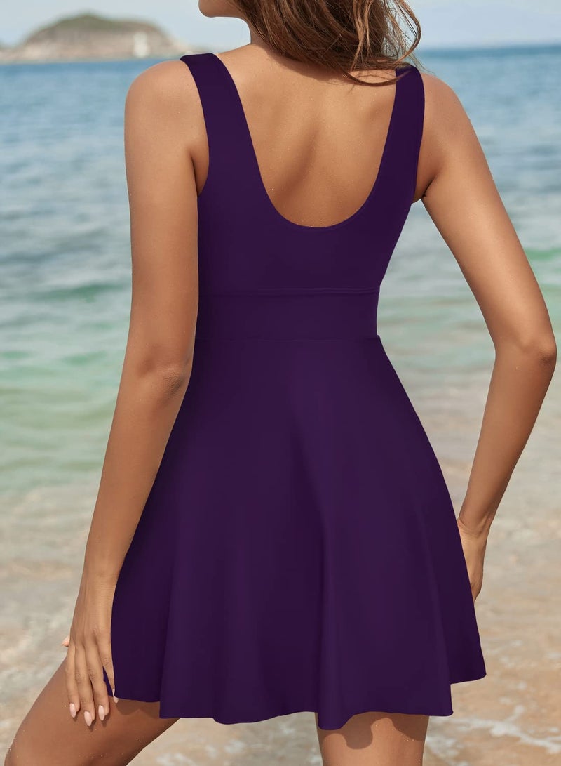 SHEKINI Women's Drawstring Front Cutout Swimdress Tummy Control One Piece Skirt Swimsuit (Deep Purple, Large) - Image 4