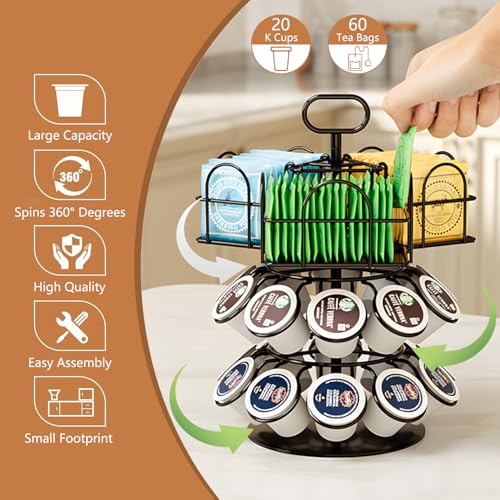 Chemlliy K Cup Coffee Pods Holder Rotatable Coffee Pod Stands for 20 Pods 60 Tea Bags Coffee Pod Organizer Carousel for Countertop - Image 3