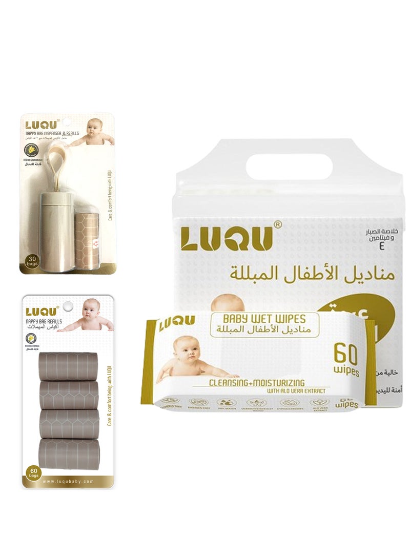 LuQu Bag Dispenser Refills (6X60) and Dispenser, Aloe Vera & Vitamin E, 4x60, Water Wet Wipes - Image 1