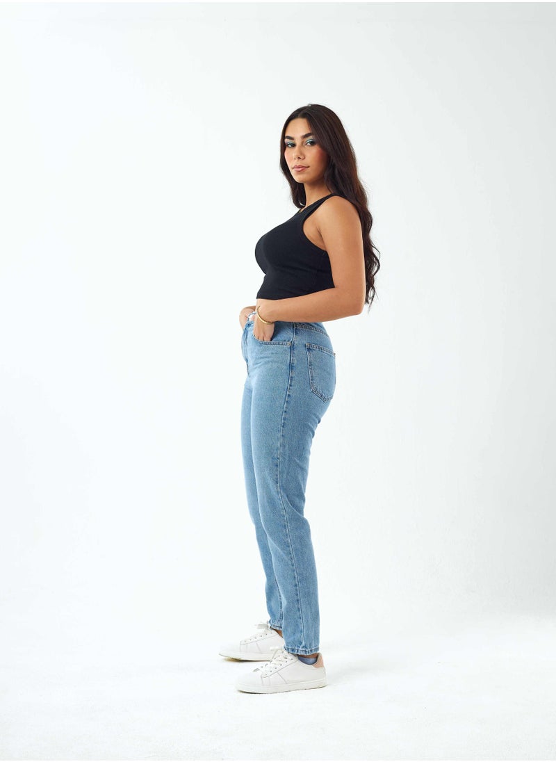CIZARO بنطلون جينز Mom-Fit متوسط الغسيل بخصر عالٍ.  - Image 3