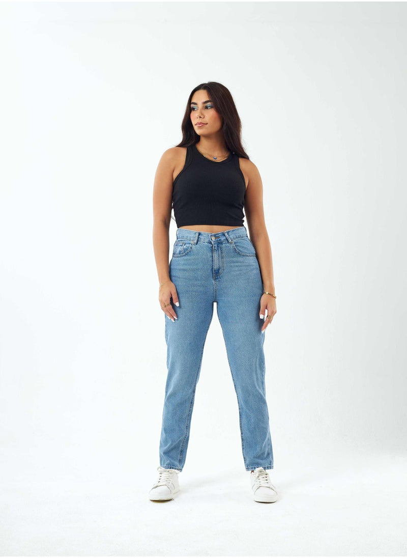 CIZARO بنطلون جينز Mom-Fit متوسط الغسيل بخصر عالٍ.  - Image 1