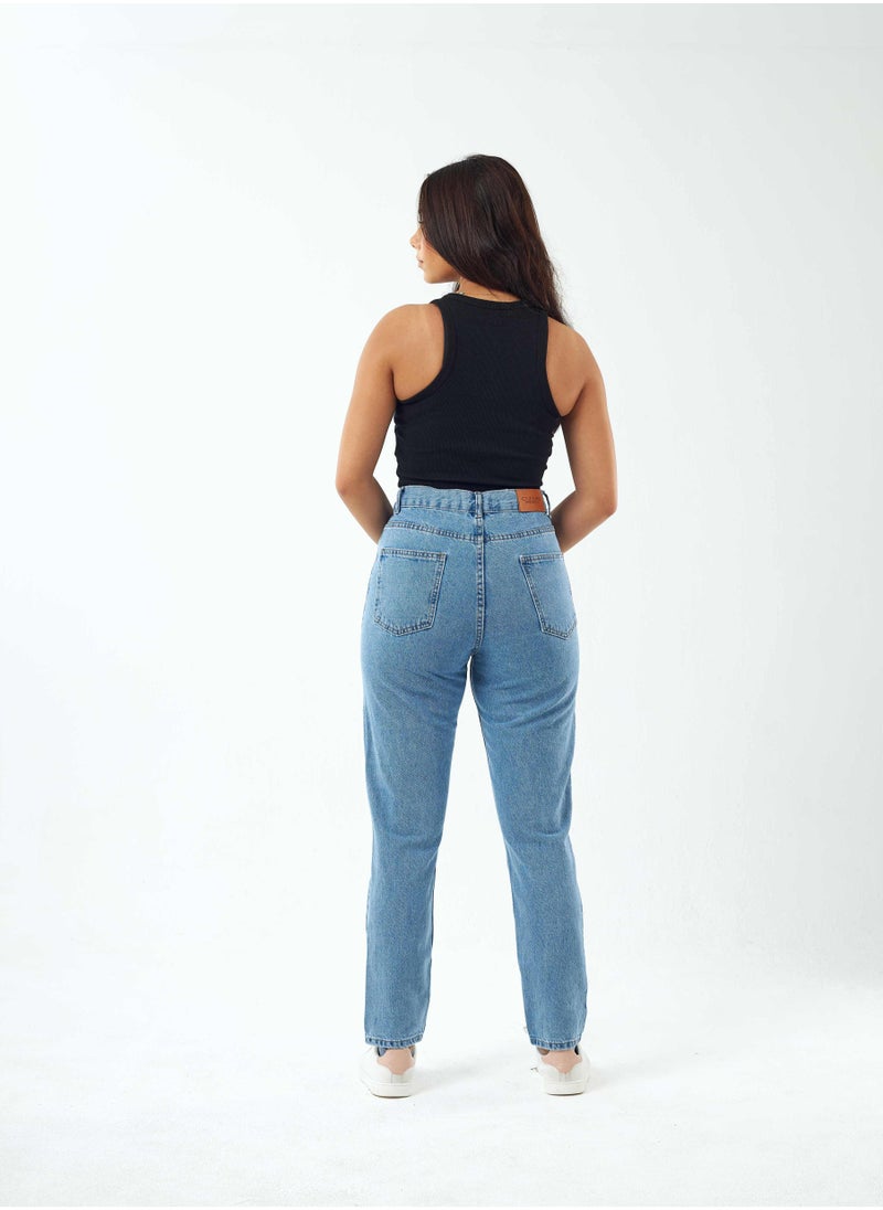 CIZARO بنطلون جينز Mom-Fit متوسط الغسيل بخصر عالٍ.  - Image 2
