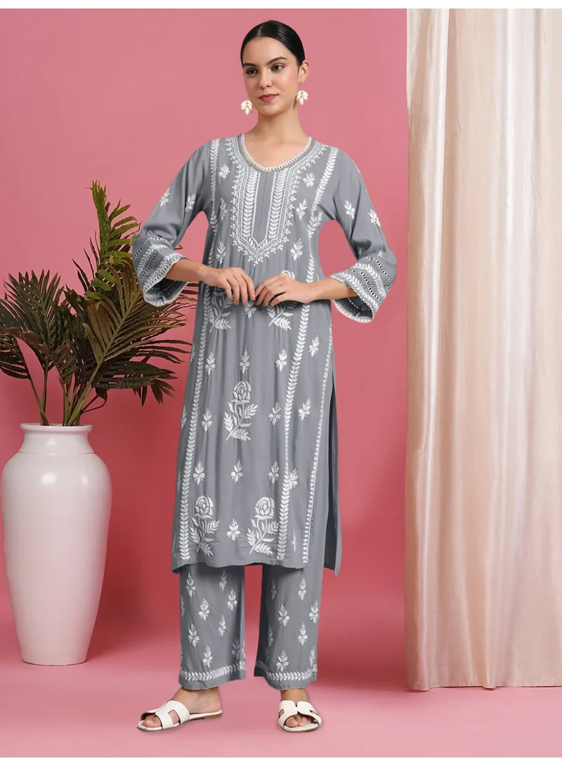Alaya Women Hand Embroidered Lucknowi Chikankari Rayon Kurta Set-AL4078KS