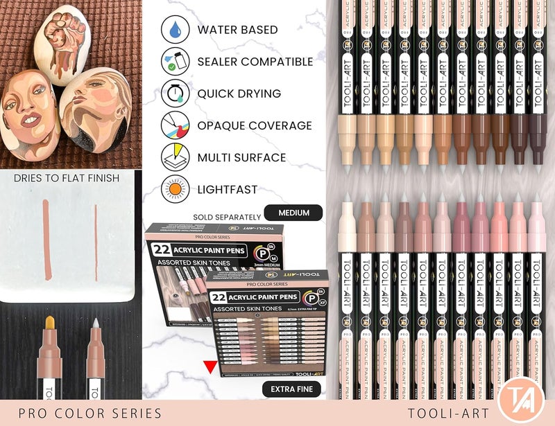 TOOLI-ART Acrylic Paint Pens 22 Different Skin Tones Pro Color Series Marker Set 0.7mm Extra Fine Tip for Rock Painting Glass Wood Metal Canvas Non Toxic Water Based Quick Dry - Image 5