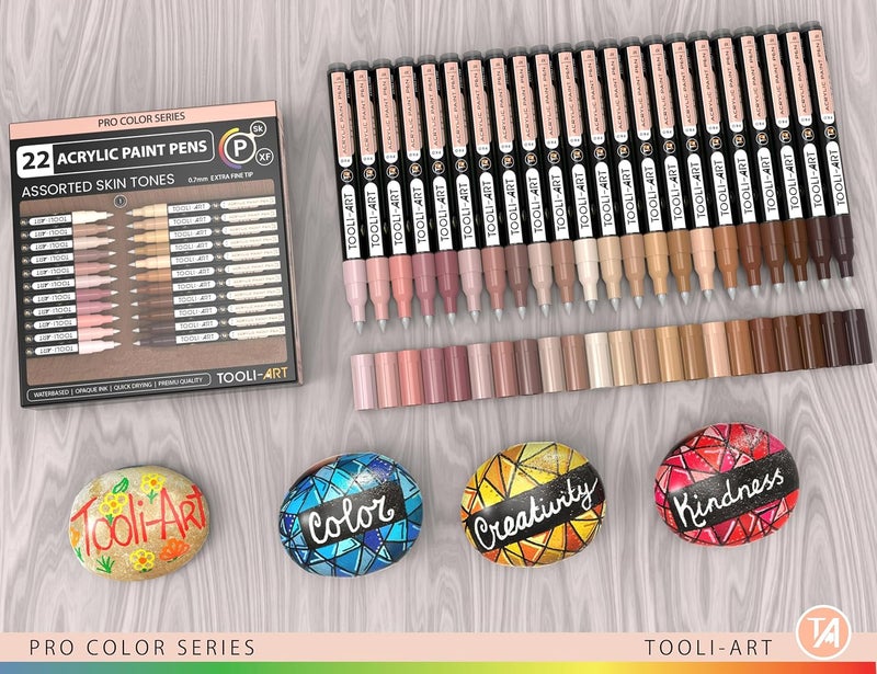 TOOLI-ART Acrylic Paint Pens 22 Different Skin Tones Pro Color Series Marker Set 0.7mm Extra Fine Tip for Rock Painting Glass Wood Metal Canvas Non Toxic Water Based Quick Dry - Image 2