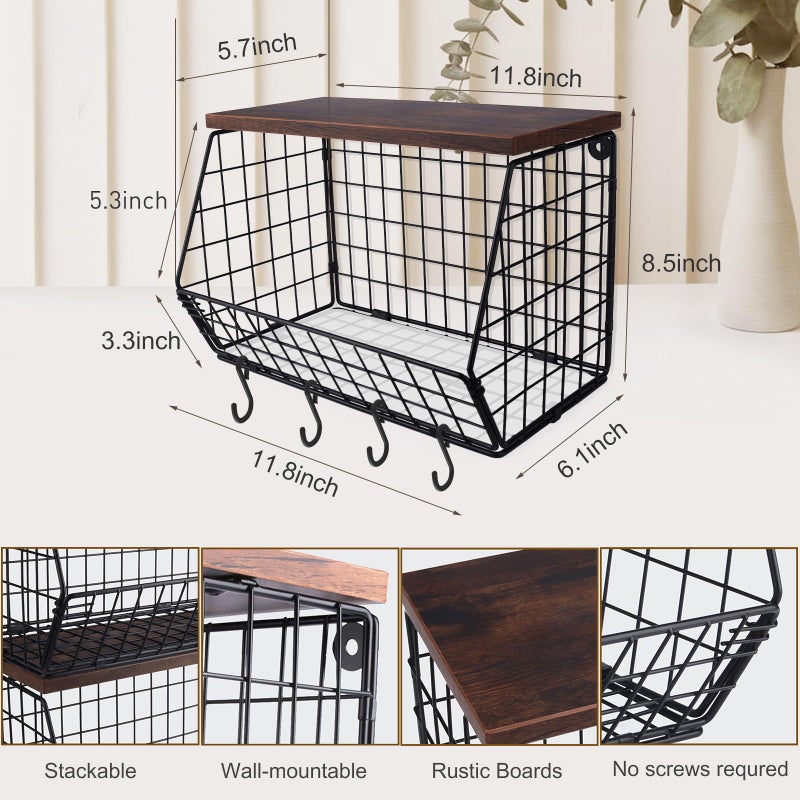 Mefirt Fruit Bowl, Stackable Wall Mounted Fruit Basket of Smooth Wood Lid with 4 Banana Hanger Hooks, Metal Kitchen Counter Organizer for Snack, Fruit and Vegetable Storage, 11.8 * 7.9 * 8.5 Inches - Image 3