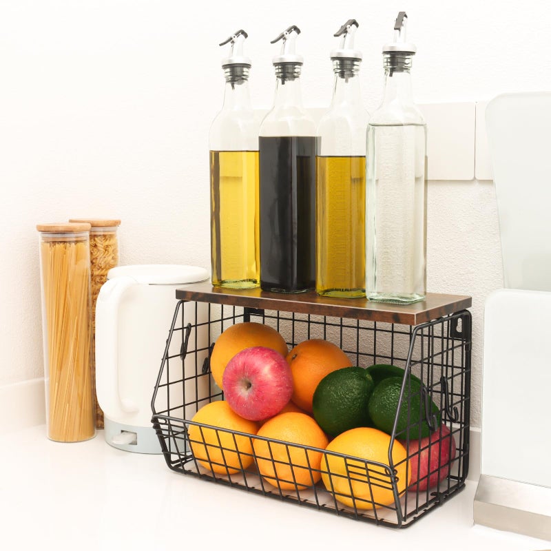 Mefirt Fruit Bowl, Stackable Wall Mounted Fruit Basket of Smooth Wood Lid with 4 Banana Hanger Hooks, Metal Kitchen Counter Organizer for Snack, Fruit and Vegetable Storage, 11.8 * 7.9 * 8.5 Inches - Image 4